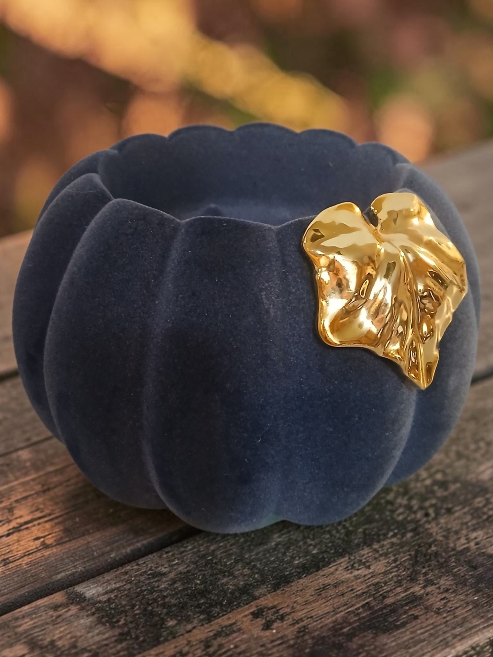 Velvet Navy Decorative Pumpkin Bowl with Gold Leaf Accent